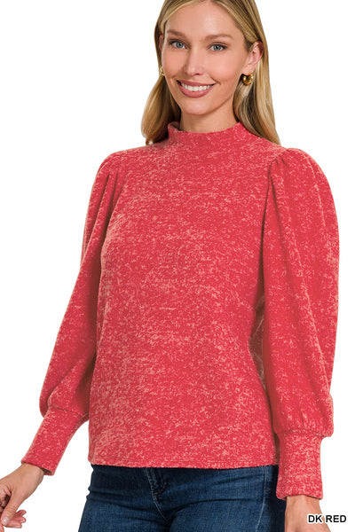 Brushed Melange Hacci Puff Sleeve Mockneck Sweater