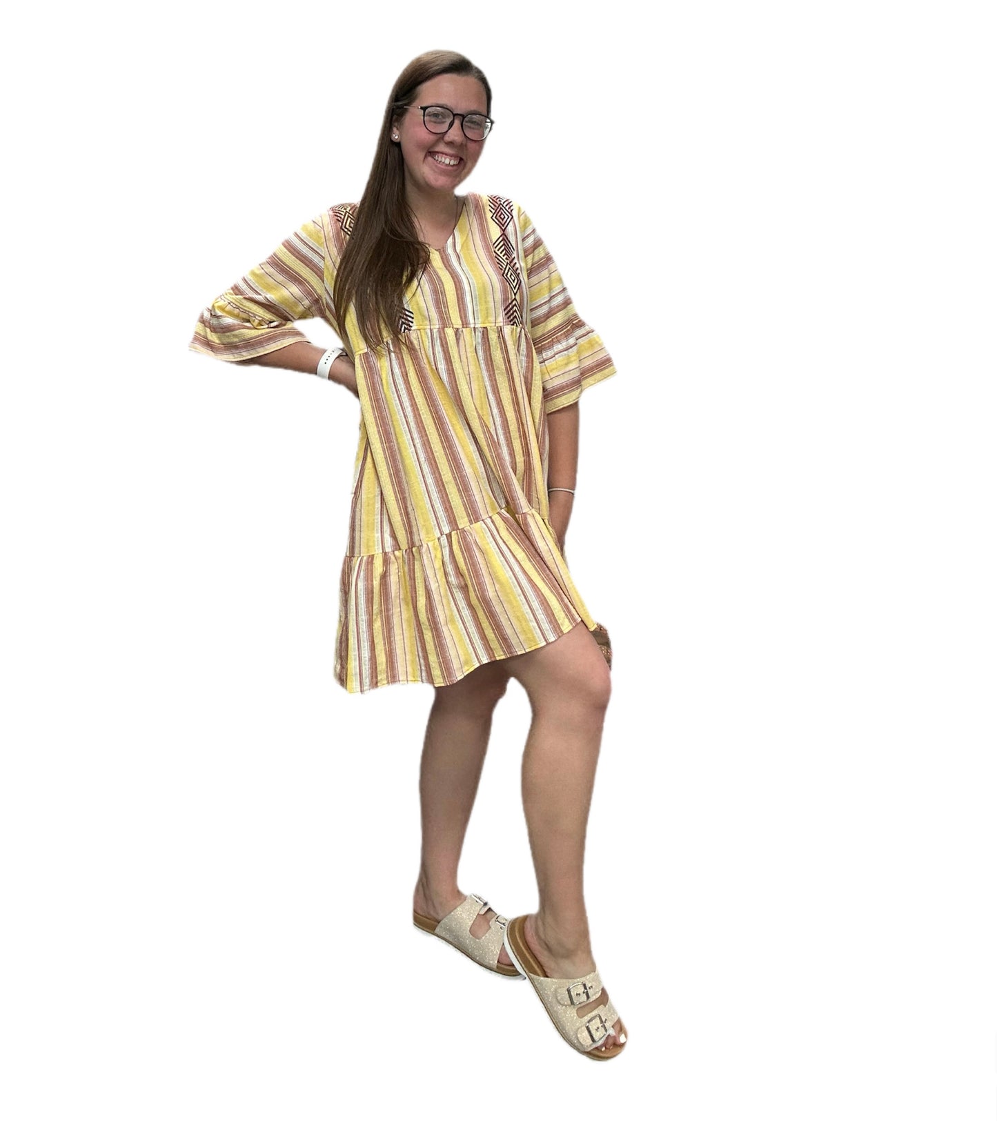 Easel Striped Poly Linen Ruffle Bottom Dress
