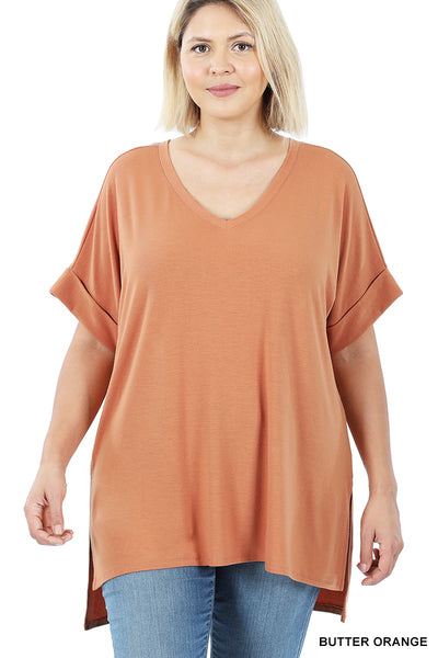 Zenana Rolled Sleeve V-Neck High-Low Hem Plus Size Top