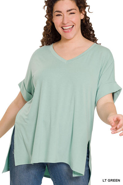 Zenana Rolled Sleeve V-Neck High-Low Hem Plus Size Top