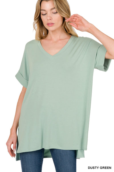 Zenana Rolled Short Sleeve Side Slit Hi-Low Hem Top