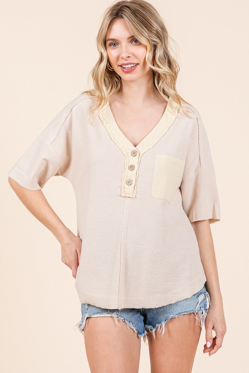 New In Button Front Waffle Knit Top