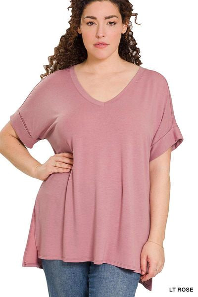 Zenana Rolled Sleeve V-Neck High-Low Hem Plus Size Top