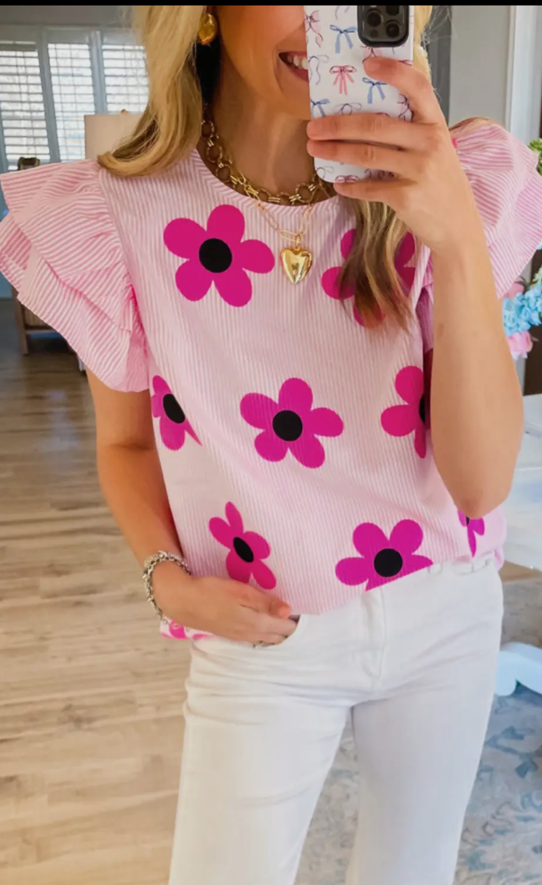 Pink Daisy Pinstripe Flutter top