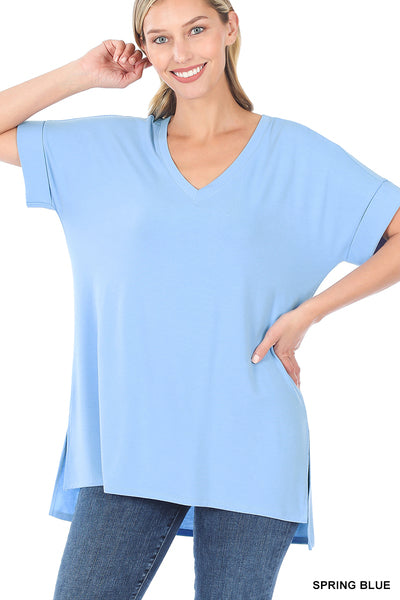 Zenana Rolled Short Sleeve Side Slit Hi-Low Hem Top