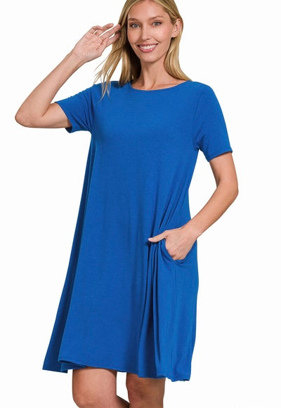 Zenana Short Sleeve Flared Dress w/Pockets Ocean Blue