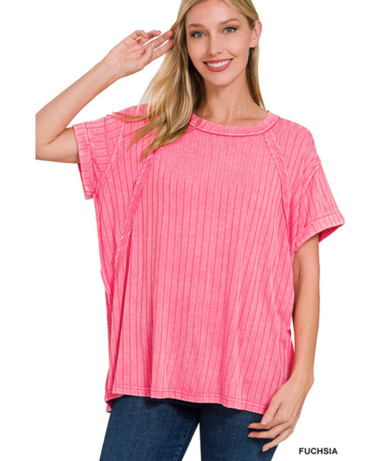 ZENANA RIBBED RAGLAN DOLMAN SLEEVE BOAT-NECK TOP