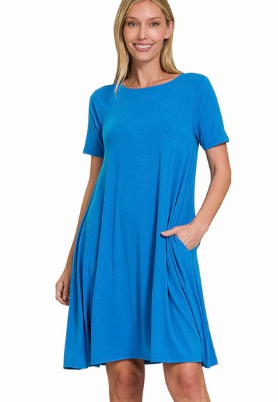 Zenana Short Sleeve Flared Dress w/Pockets Classic Blue
