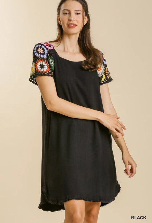 Umgee Linen Blend Short Crochet Sleeve Dress with Pockets