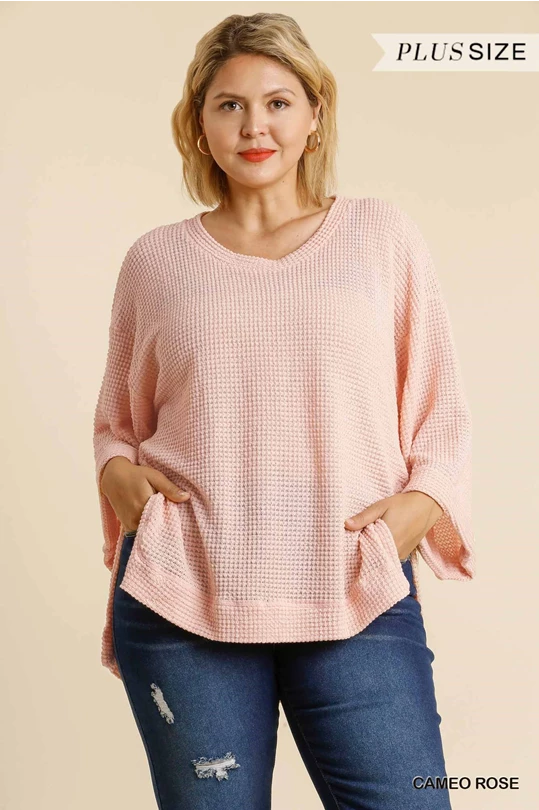 Umgee Waffle Knit 3/4 Rolled Sleeve Round Neck Top with Side Slits