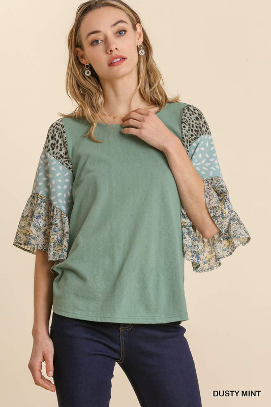 Umgee Mixed Print Ruffle Sleeve Raglan Top with Back Tie