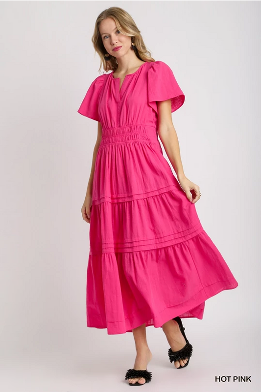 Umgee Tiered Maxi Dress Hot Pink