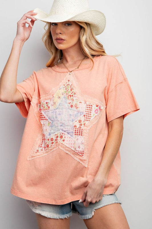 Easel Star Patch Front Washed Cotton Jersey Top