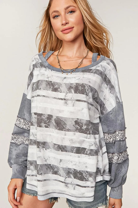 CHARCOAL STRIPE PAISLEY FLORAL TWOFER LOOSE FIT TOP